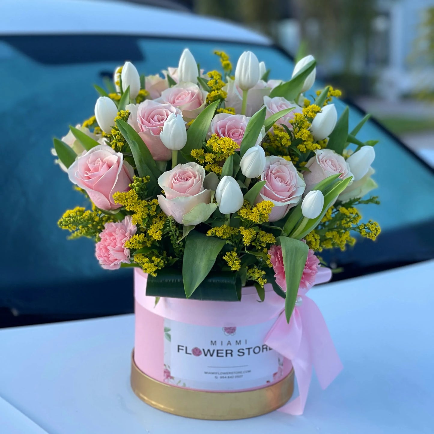 Tulips & Pink Roses Flower Bouquet In A Box - Miami Flower Store Same-Day Delivery Fort Lauderdale Brickell Aventura Las Olas Hallendale Beach Hollywood Sunny Isles