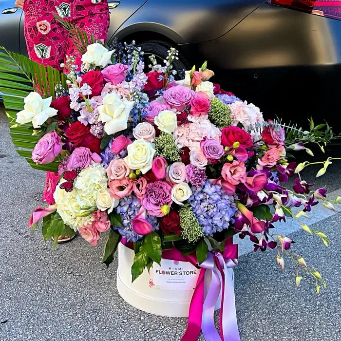Orchids, Roses, Ranunculus, Callas Mix Luxury Flower Bouquet In A Box - Miami Flower Store Same-Day Delivery Fort Lauderdale Brickell Aventura Las Olas Hallendale Beach Hollywood Sunny Isles