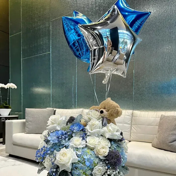 Baby Boy Blue Flowers In A Box, Teddy Bear & 3 Blue Balloons - Miami Flower Store Same-Day Delivery Fort Lauderdale Brickell Aventura Las Olas Hallendale Beach Hollywood Sunny Isles
