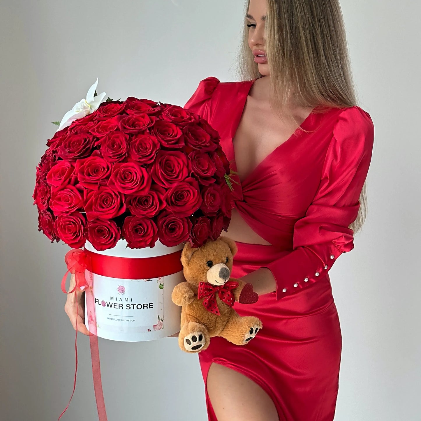 50 Red Rose Flower Bouquet In Box With Stuffed Teddy Bear - Miami Flower Store Same-Day Delivery Fort Lauderdale Brickell Aventura Las Olas Hallendale Beach Hollywood Sunny Isles