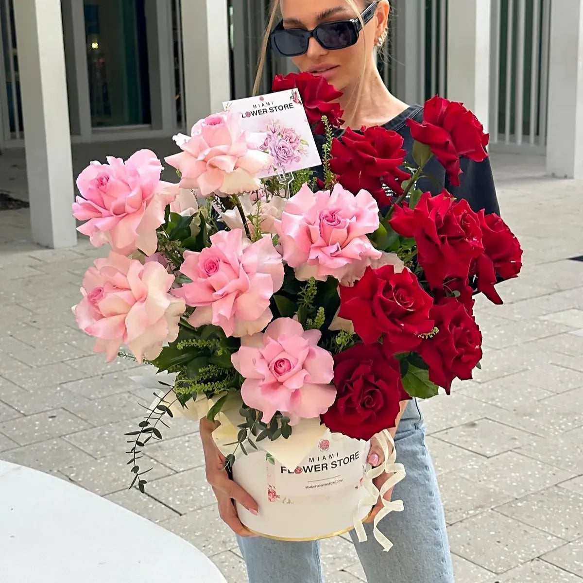 Pink & Red French Roses Flower Bouquet In A Box & Stuffed Teddy Bear - Miami Flower Store Same-Day Delivery Fort Lauderdale Brickell Aventura Las Olas Hallendale Beach Hollywood Sunny Isles