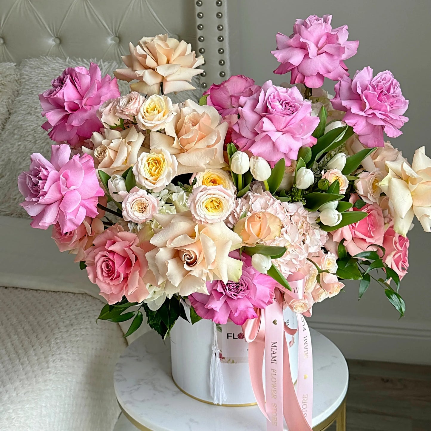 Pink & Cream Roses, Tulips & Greens Flower Bouquet In A Box - Miami Flower Store Same-Day Delivery Fort Lauderdale Brickell Aventura Las Olas Hallendale Beach Hollywood Sunny Isles