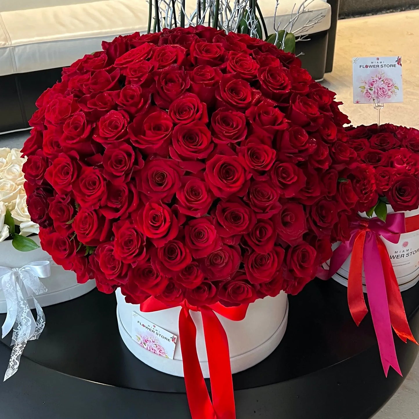 200 Red Rose Flower Bouquet In A Box With Orchids - Miami Flower Store Same-Day Delivery Fort Lauderdale Brickell Aventura Las Olas Hallendale Beach Hollywood Sunny Isles