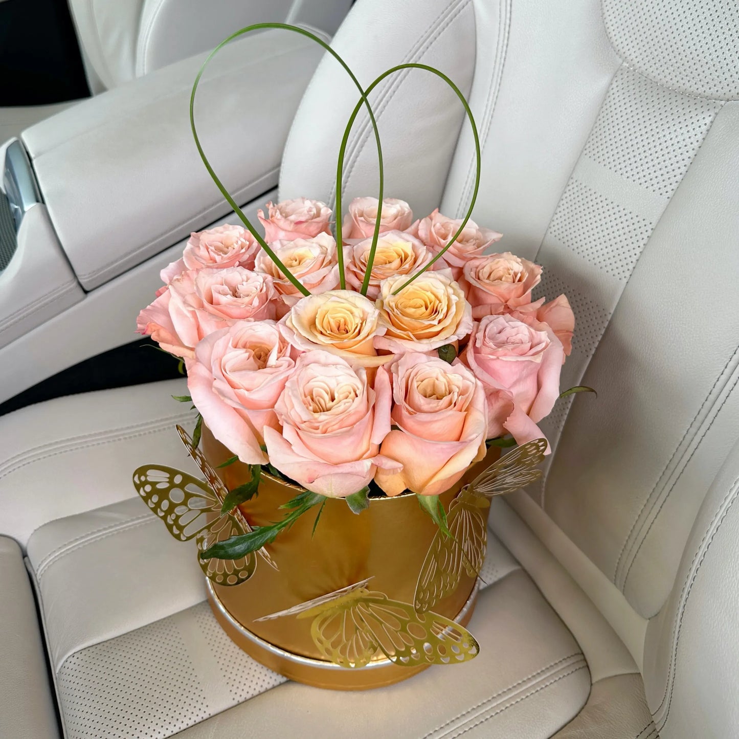 Peach Roses With Golden Butterflies Flower Bouquet In A Box - Miami Flower Store Same-Day Delivery Fort Lauderdale Brickell Aventura Las Olas Hallendale Beach Hollywood Sunny Isles