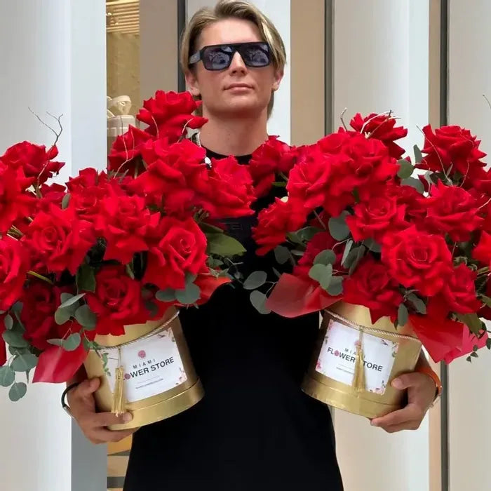 French Red Rose Flower Bouquet In A Gold Box - Miami Flower Store Same-Day Delivery Fort Lauderdale Brickell Aventura Las Olas Hallendale Beach Hollywood Sunny Isles