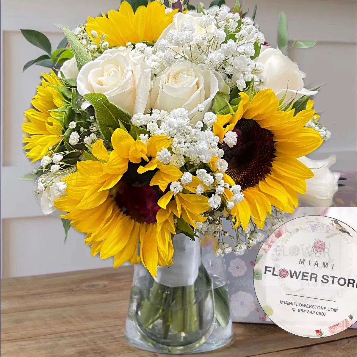 Sunflower & White Rose Bridal Wedding Flower Bouquet - Miami Flower Store Same-Day Delivery Fort Lauderdale Brickell Aventura Las Olas Hallendale Beach Hollywood Sunny Isles
