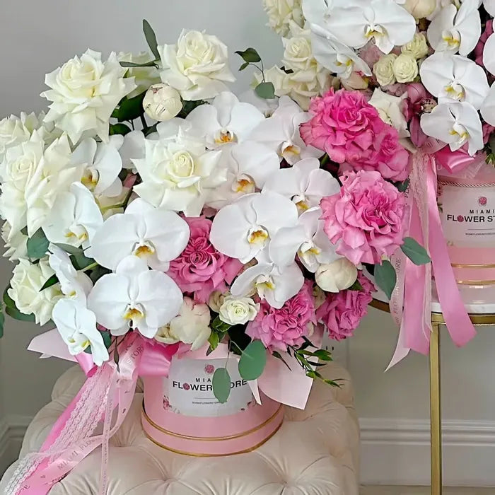 White Orchids & French Roses Flower Bouquet In A Box - Miami Flower Store Same-Day Delivery Fort Lauderdale Brickell Aventura Las Olas Hallendale Beach Hollywood Sunny Isles