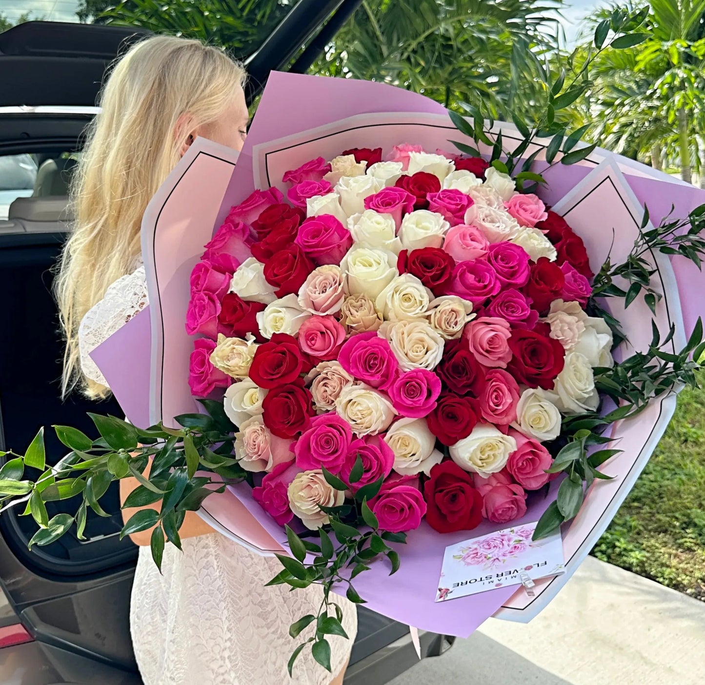 75 Rose Flower Bouquet Of Colored Mixed Roses - Miami Flower Store Same-Day Delivery Fort Lauderdale Brickell Aventura Las Olas Hallendale Beach Hollywood Sunny Isles
