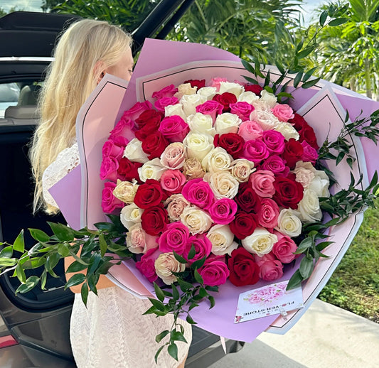 75 Rose Flower Bouquet Of Colored Mixed Roses - Miami Flower Store Same-Day Delivery Fort Lauderdale Brickell Aventura Las Olas Hallendale Beach Hollywood Sunny Isles