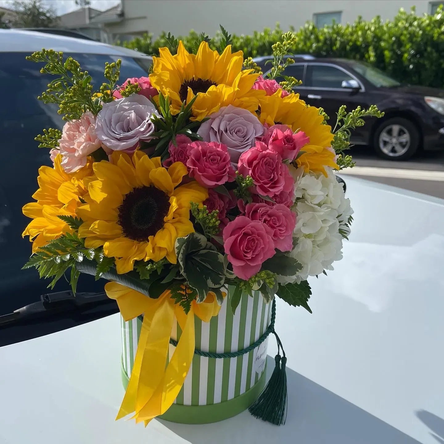 Sunflower, Roses, Solidago, & Greens Flower Bouquet In A Box - Miami Flower Store Same-Day Delivery Fort Lauderdale Brickell Aventura Las Olas Hallendale Beach Hollywood Sunny Isles