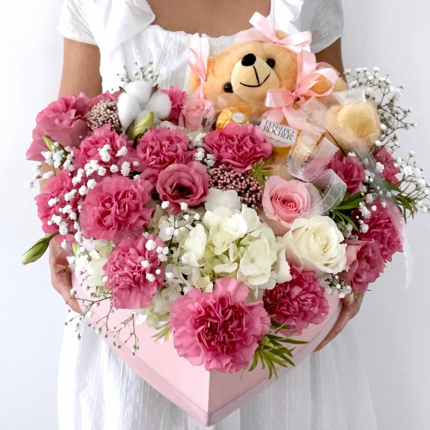 Rose Flower Bouquet In A Heart Shaped Box With Chocolate & Teddy Bear - Miami Flower Store Same-Day Delivery Fort Lauderdale Brickell Aventura Las Olas Hallendale Beach Hollywood Sunny Isles