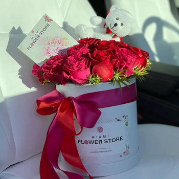 Red Rose Flower Bouquet In A Box & Teddy Bear - Miami Flower Store Same-Day Delivery Fort Lauderdale Brickell Aventura Las Olas Hallendale Beach Hollywood Sunny Isles
