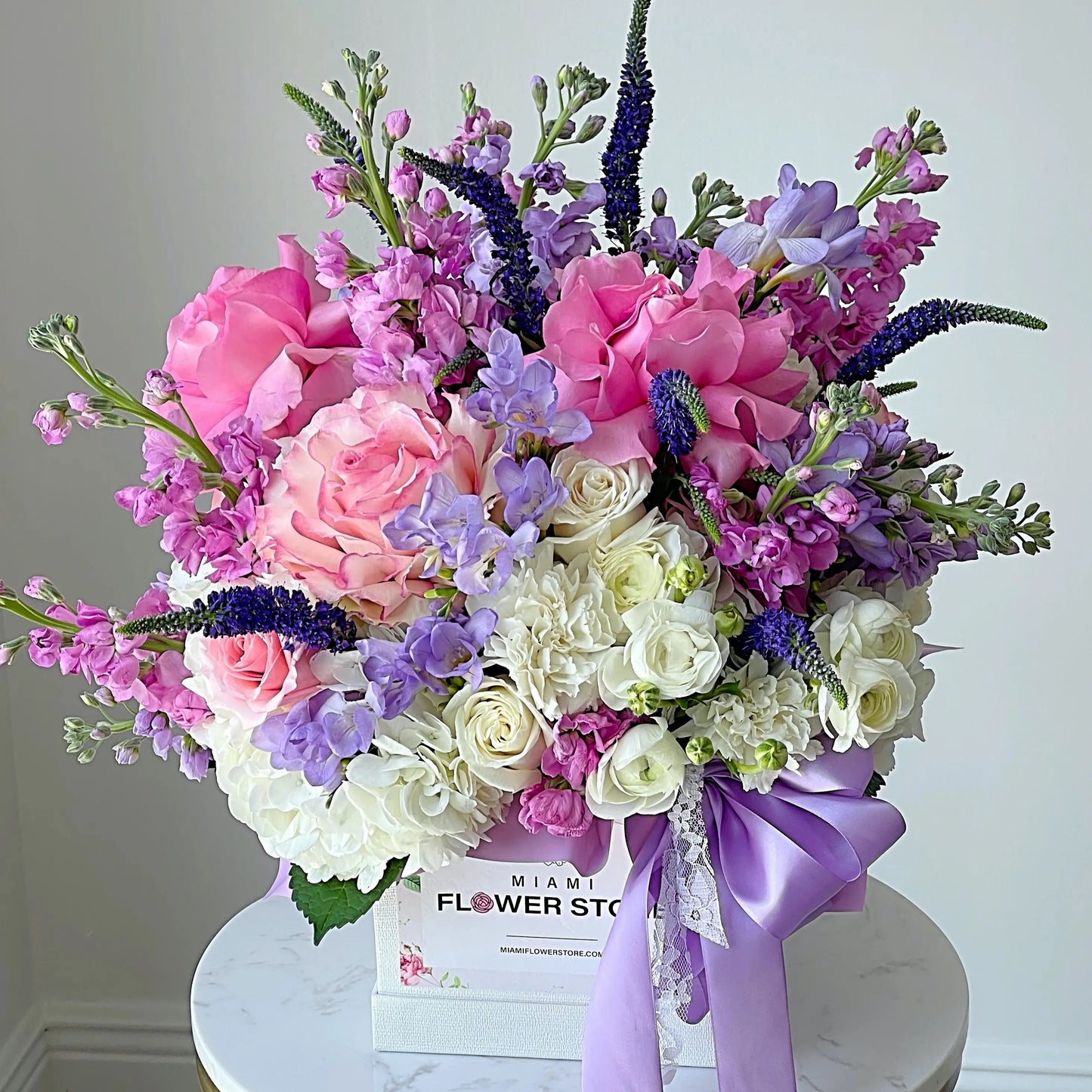 Purple & Pink Rose Flower Bouquet In A Box - Miami Flower Store Same-Day Delivery Fort Lauderdale Brickell Aventura Las Olas Hallendale Beach Hollywood Sunny Isles