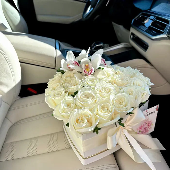 White Rose Flower Bouquet In A Heart Shaped Box - Miami Flower Store Same-Day Delivery Fort Lauderdale Brickell Aventura Las Olas Hallendale Beach Hollywood Sunny Isles