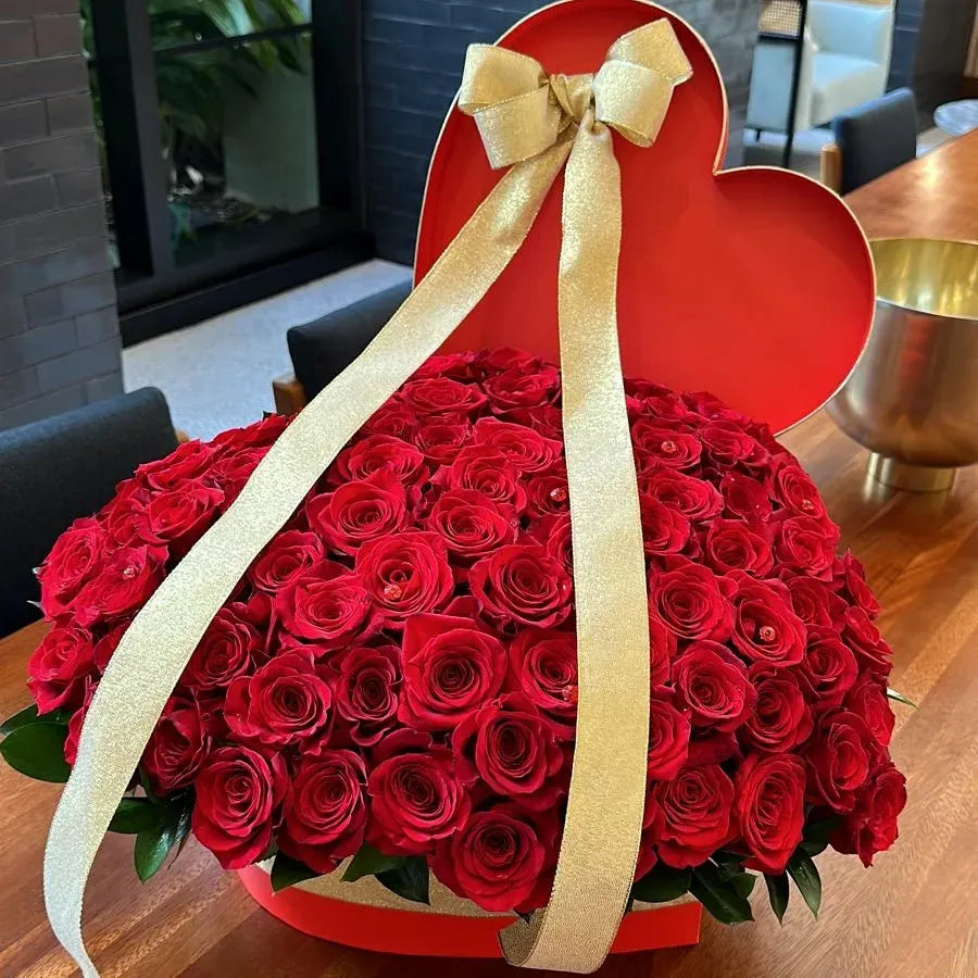 50 Red Rose Flower Bouquet In Heart Shaped Box - Miami Flower Store Same-Day Delivery Fort Lauderdale Brickell Aventura Las Olas Hallendale Beach Hollywood Sunny Isles