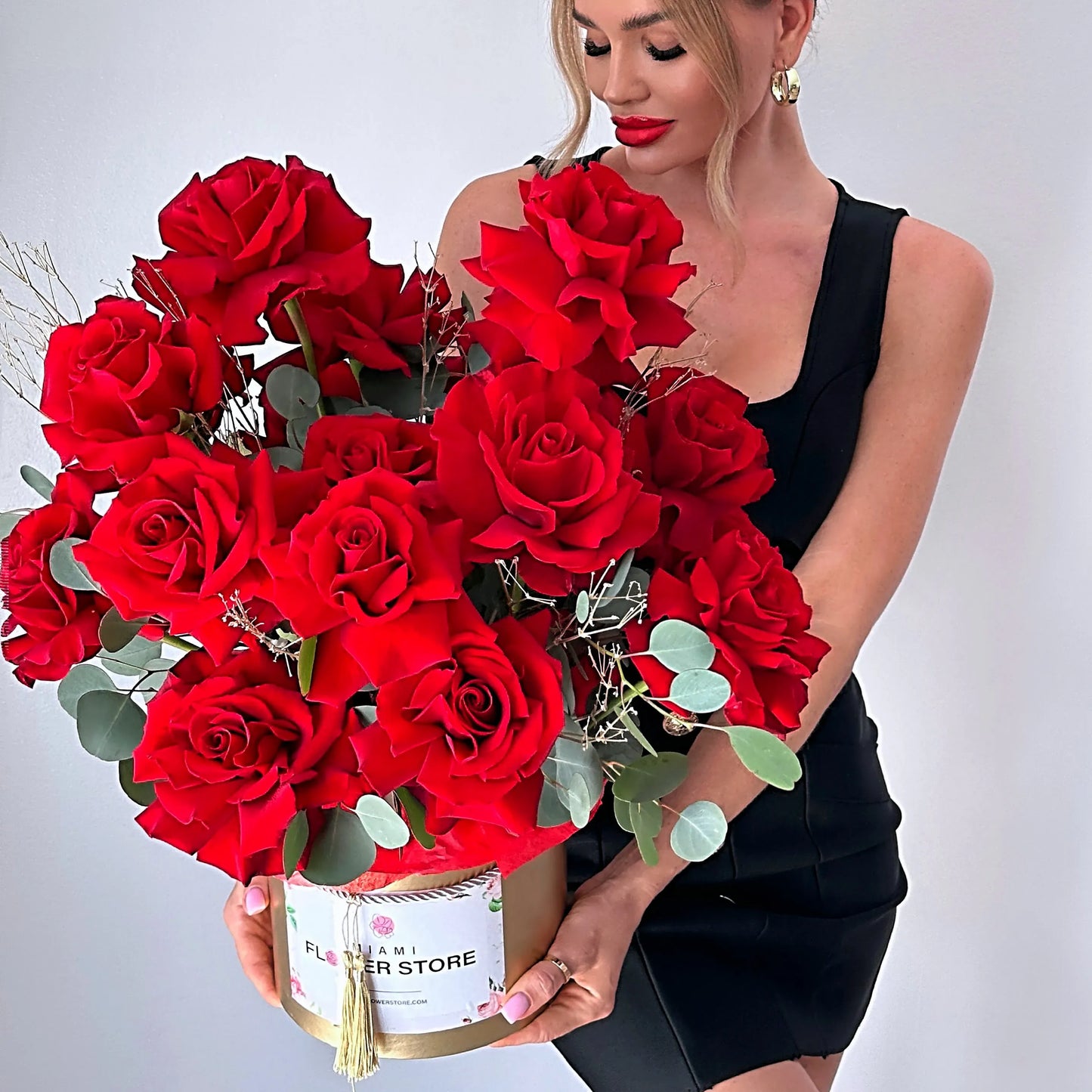 French Red Rose Flower Bouquet In A  Gold Box - Miami Flower Store Same-Day Delivery Fort Lauderdale Brickell Aventura Las Olas Hallendale Beach Hollywood Sunny Isles