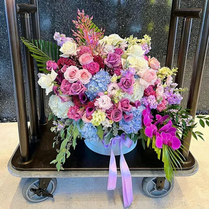 Orchids, Roses, Ranunculus, Callas Mix Luxury Flower Bouquet In A Box - Miami Flower Store Same-Day Delivery Fort Lauderdale Brickell Aventura Las Olas Hallendale Beach Hollywood Sunny Isles