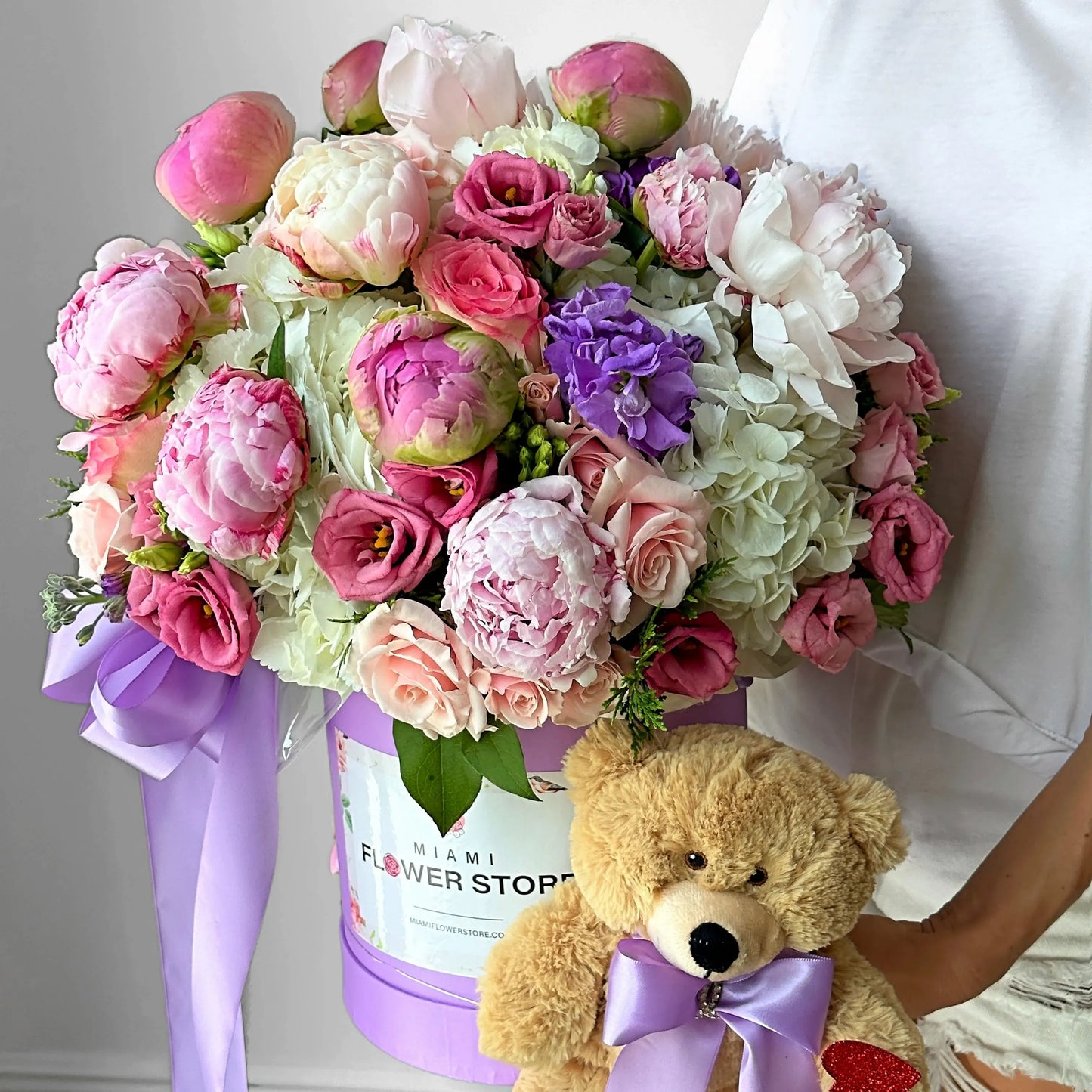 Peony Flower Bouquet in A Box With Stuffed Teddy Bear - Miami Flower Store Same-Day Delivery Fort Lauderdale Brickell Aventura Las Olas Hallendale Beach Hollywood Sunny Isles