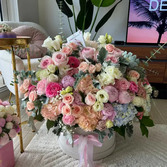 Roses, Peonies, Orchids, Ranunculus Luxury Peach Flower Bouquet In A Box - Miami Flower Store Same-Day Delivery Fort Lauderdale Brickell Aventura Las Olas Hallendale Beach Hollywood Sunny Isles