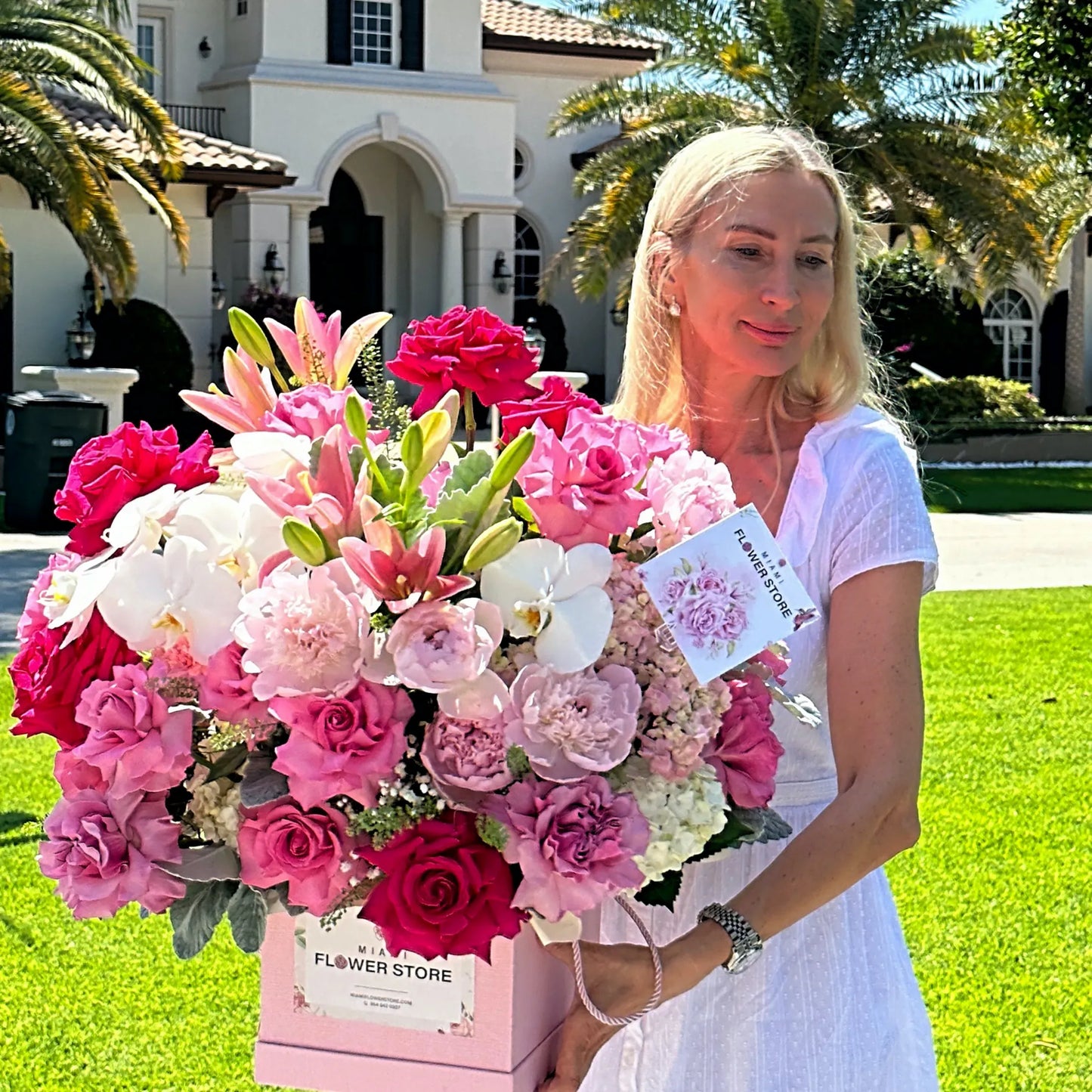 Rose Flower Bouquet In A Box With Lillies, Orchids & Peonies - Miami Flower Store Same-Day Delivery Fort Lauderdale Brickell Aventura Las Olas Hallendale Beach Hollywood Sunny Isles