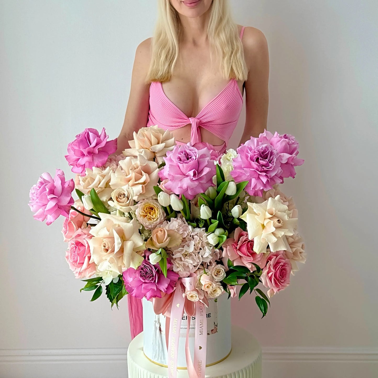 Pink & Cream Roses, Tulips & Greens Flower Bouquet In A Box - Miami Flower Store Same-Day Delivery Fort Lauderdale Brickell Aventura Las Olas Hallendale Beach Hollywood Sunny Isles