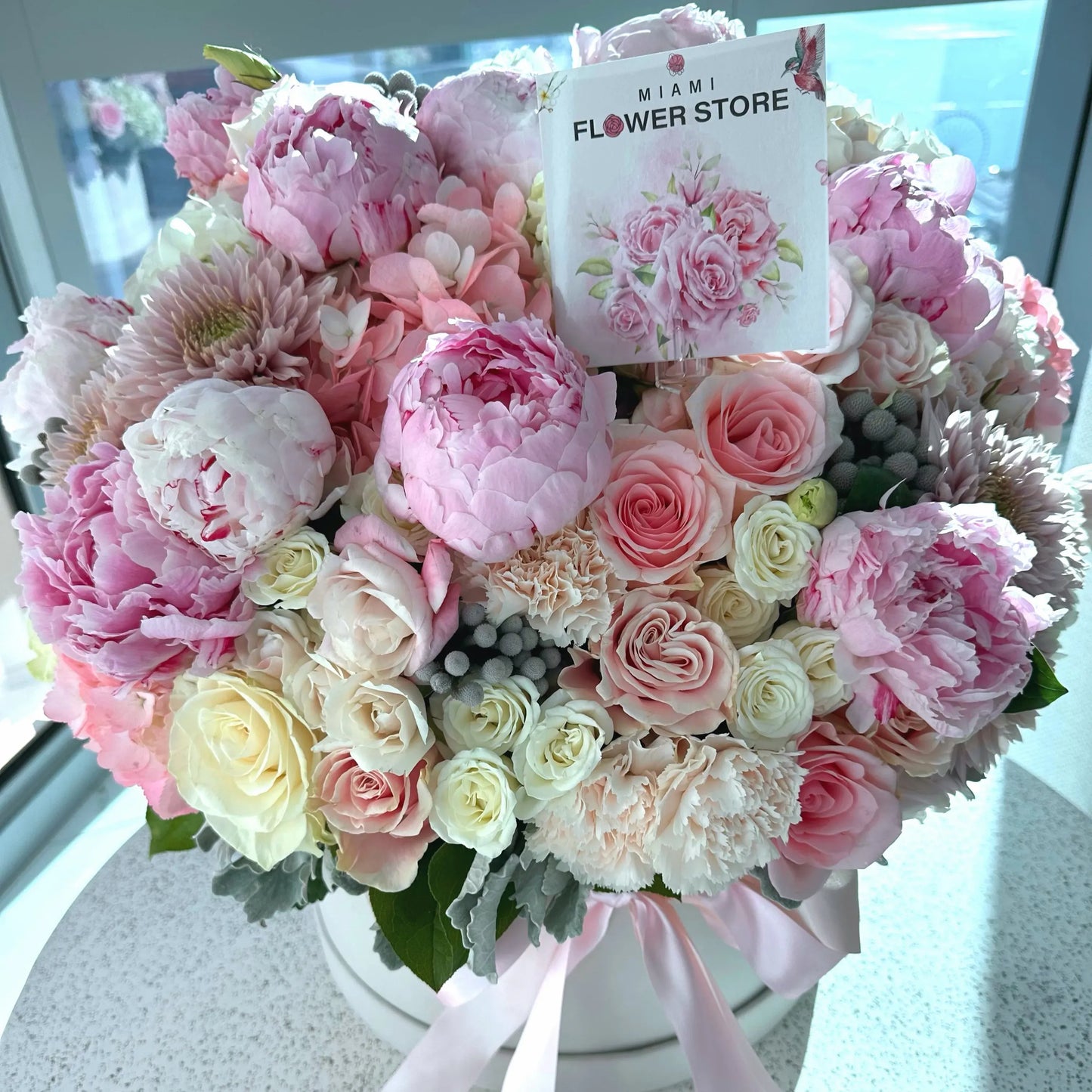 Peony, Rose, Hydrangea Mix Flower Bouquet In A Box - Miami Flower Store Same-Day Delivery Fort Lauderdale Brickell Aventura Las Olas Hallendale Beach Hollywood Sunny Isles