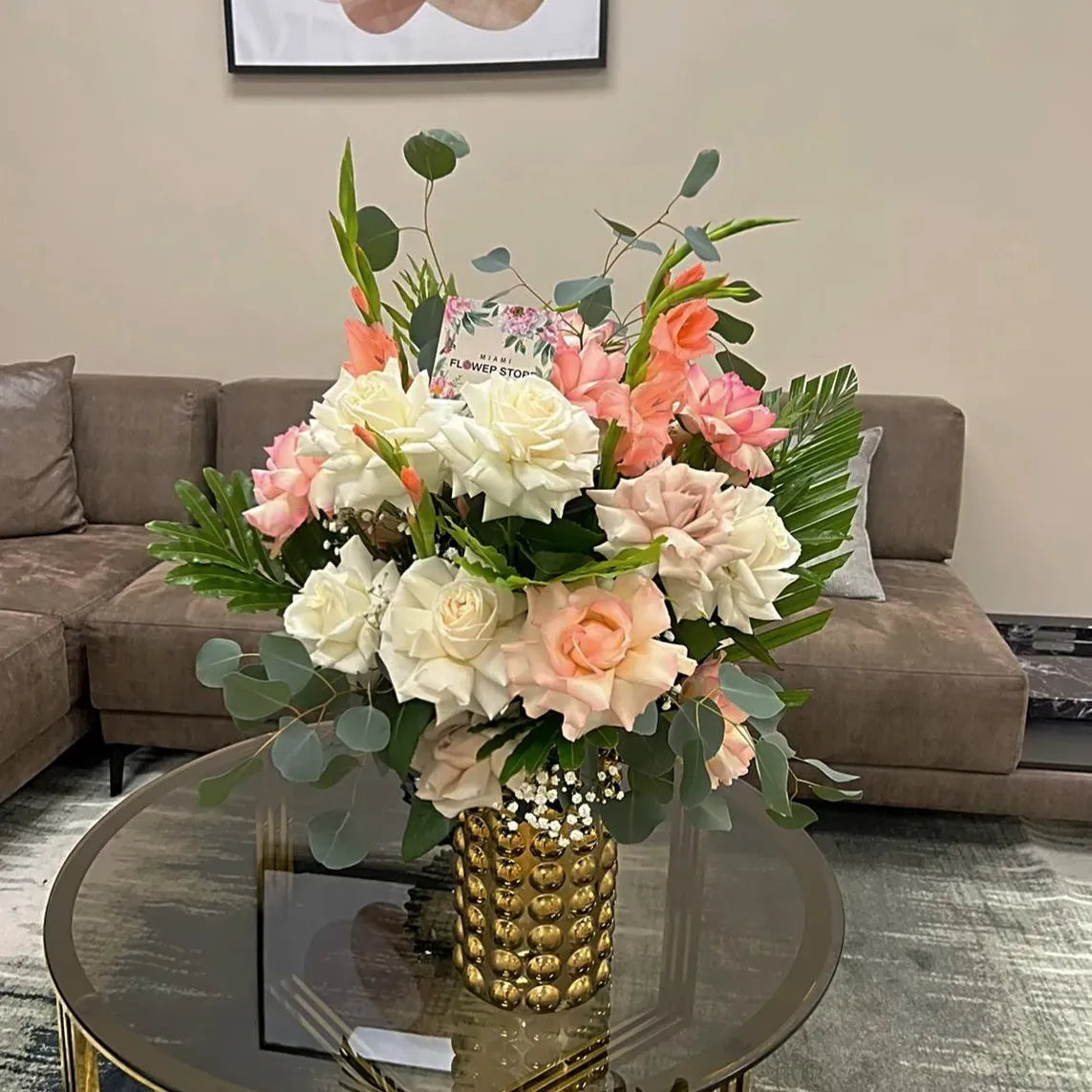 Mix Of Roses, Spray Roses, Hydrangea & Golden Leaves Flower Bouquet In A Vase - Miami Flower Store Same-Day Delivery Fort Lauderdale Brickell Aventura Las Olas Hallendale Beach Hollywood Sunny Isles