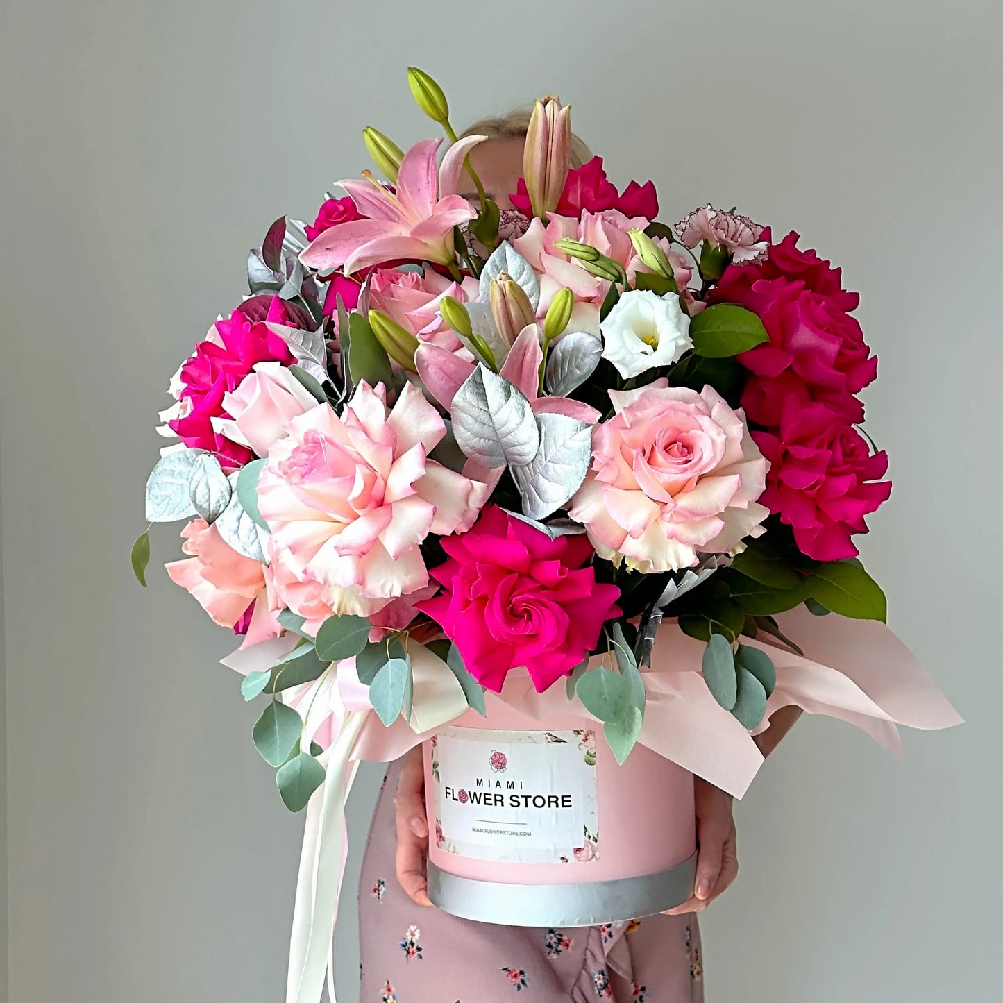 Roses, Lilies, Carnations, Silver Greens Flower Bouquet In A Box - Miami Flower Store Same-Day Delivery Fort Lauderdale Brickell Aventura Las Olas Hallendale Beach Hollywood Sunny Isles