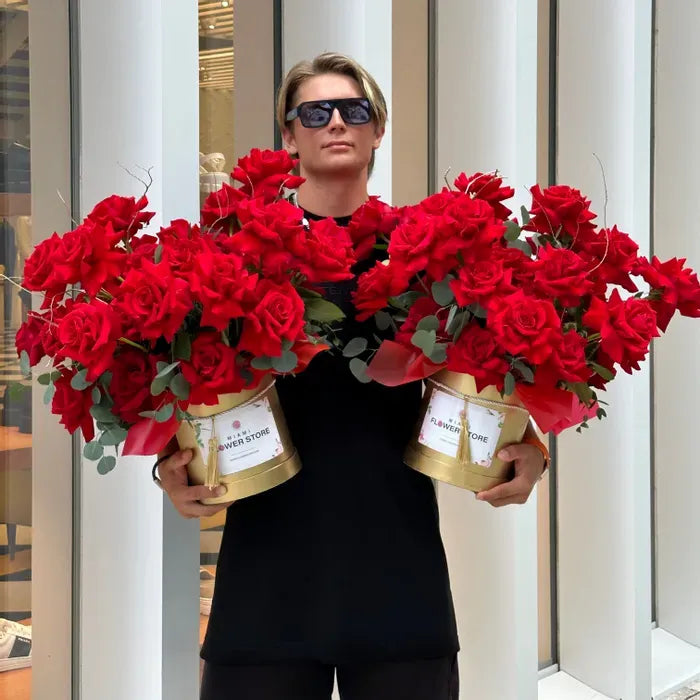 French Red Rose Flower Bouquet In A  Gold Box - Miami Flower Store Same-Day Delivery Fort Lauderdale Brickell Aventura Las Olas Hallendale Beach Hollywood Sunny Isles