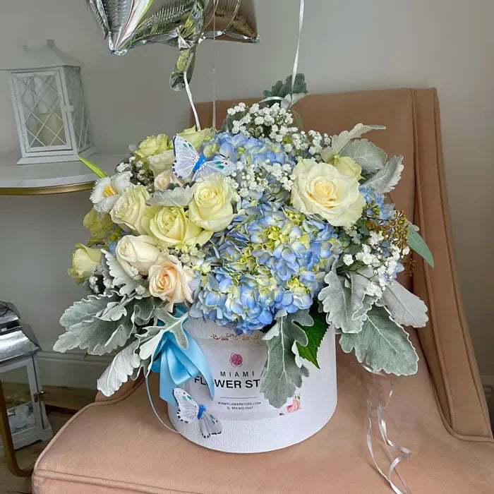 Baby Boy Blue Flowers In A Box, Teddy Bear & 3 Blue Balloons - Miami Flower Store Same-Day Delivery Fort Lauderdale Brickell Aventura Las Olas Hallendale Beach Hollywood Sunny Isles