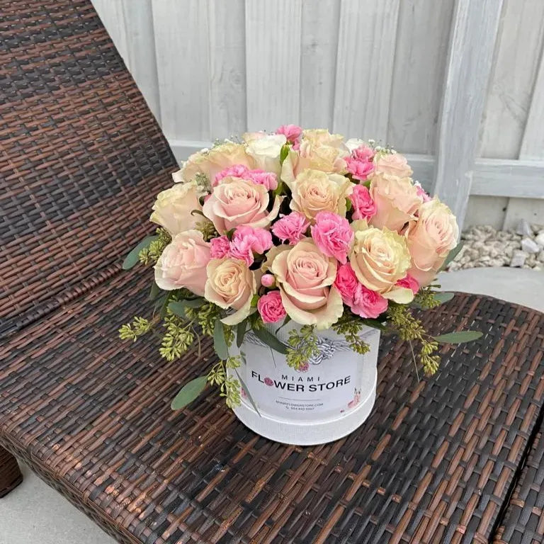 Classic Pink Roses & Mini Carnations Flower Bouquet In A Box - Miami Flower Store Same-Day Delivery Fort Lauderdale Brickell Aventura Las Olas Hallendale Beach Hollywood Sunny Isles