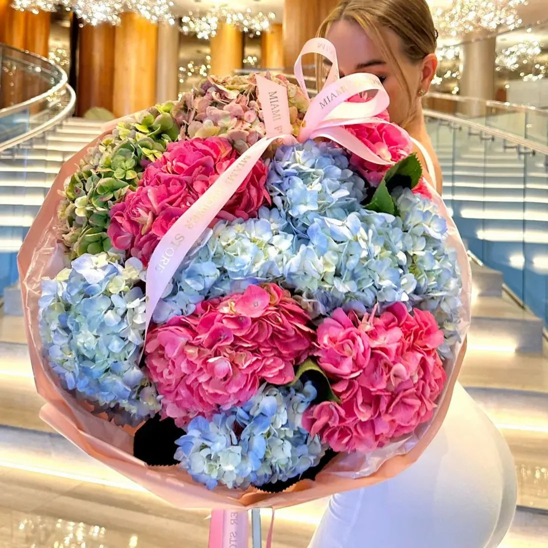 Bright Pink, Blue & Green Hydrangea Mix Flower Bouquet - Miami Flower Store Same-Day Delivery Fort Lauderdale Brickell Aventura Las Olas Hallendale Beach Hollywood Sunny Isles