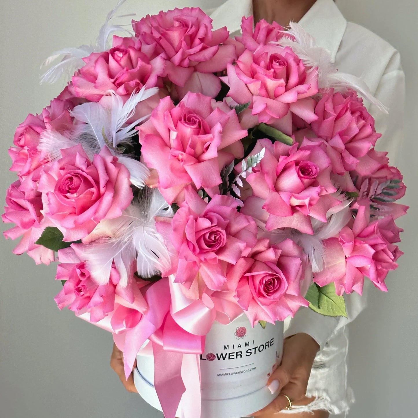 Hot Pink Rose Flower Bouquet In A Box - Miami Flower Store Same-Day Delivery Fort Lauderdale Brickell Aventura Las Olas Hallendale Beach Hollywood Sunny Isles