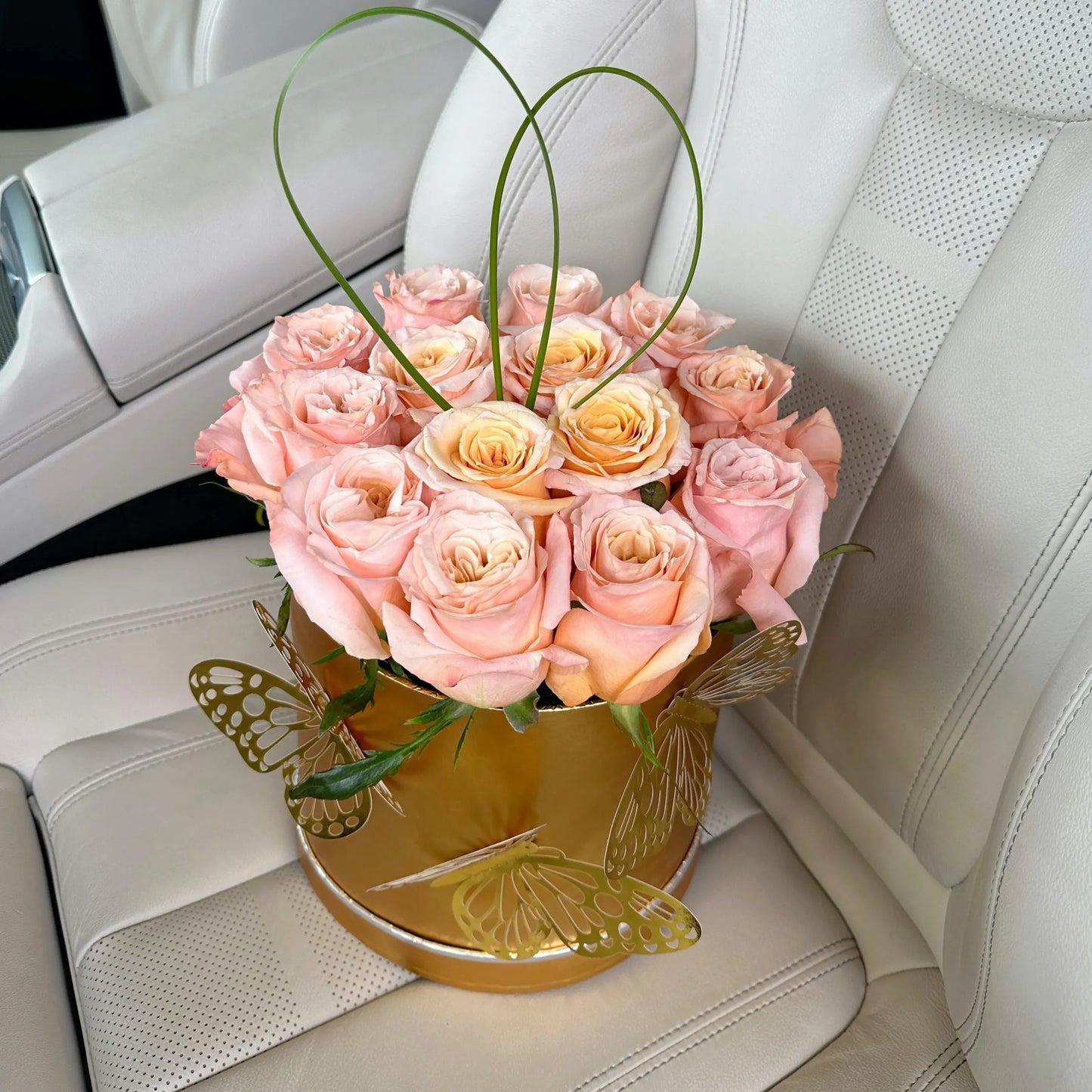 Peach Roses With Golden Butterflies Flower Bouquet In A Box - Miami Flower Store Same-Day Delivery Fort Lauderdale Brickell Aventura Las Olas Hallendale Beach Hollywood Sunny Isles