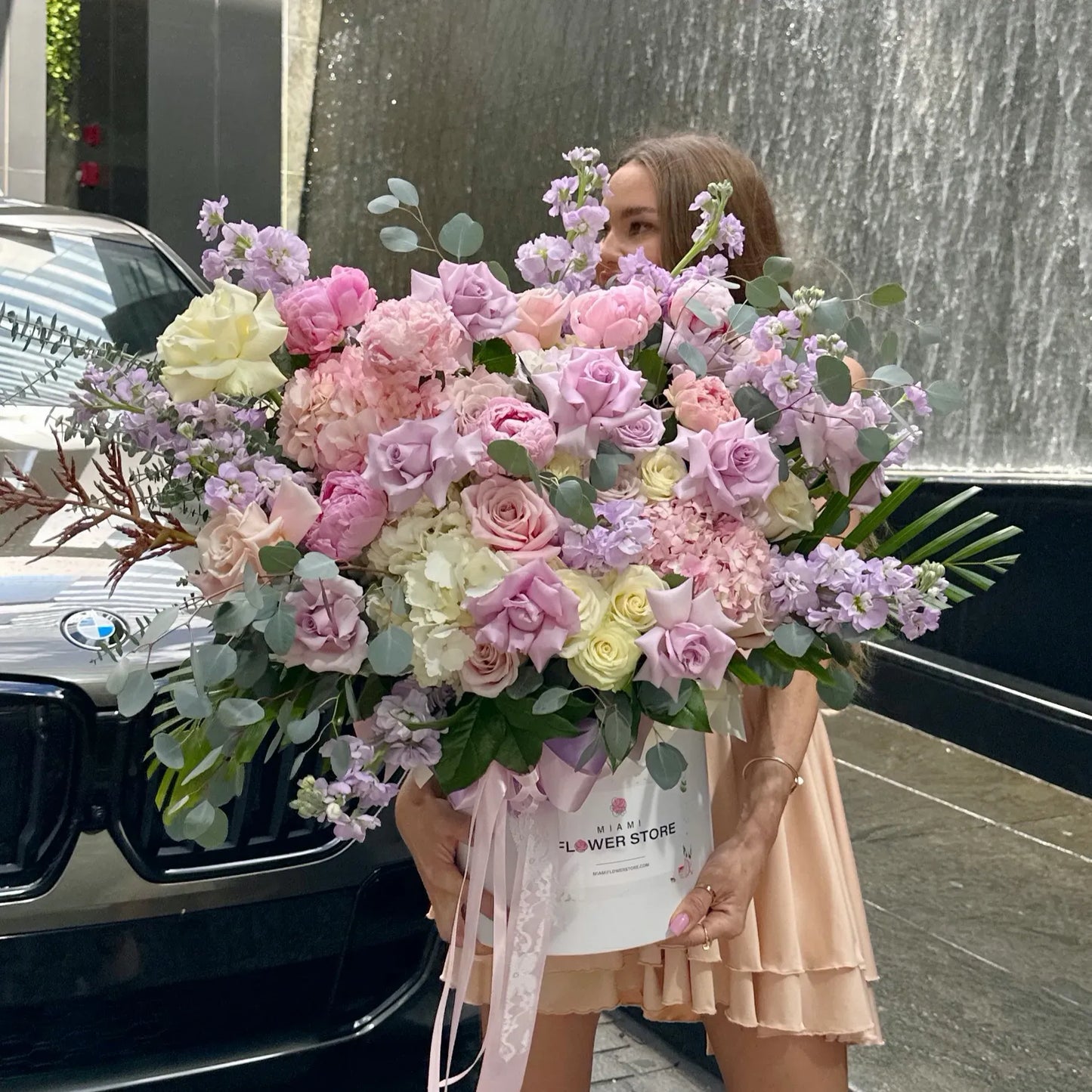 Peonies, Roses, Spray Roses, Stock Flower Bouquet In A Box - Miami Flower Store Same-Day Delivery Fort Lauderdale Brickell Aventura Las Olas Hallendale Beach Hollywood Sunny Isles