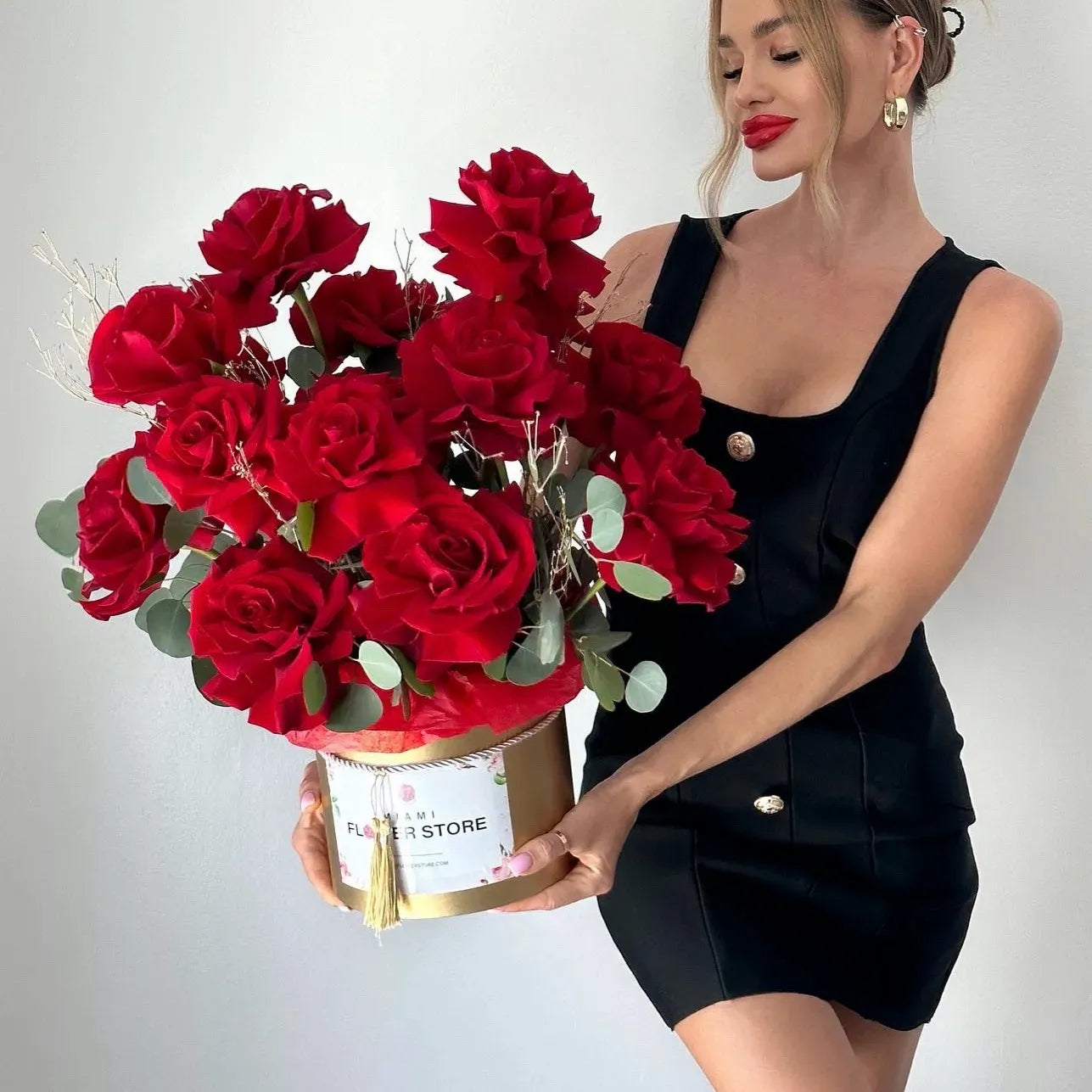 French Red Rose Flower Bouquet In A  Gold Box - Miami Flower Store Same-Day Delivery Fort Lauderdale Brickell Aventura Las Olas Hallendale Beach Hollywood Sunny Isles