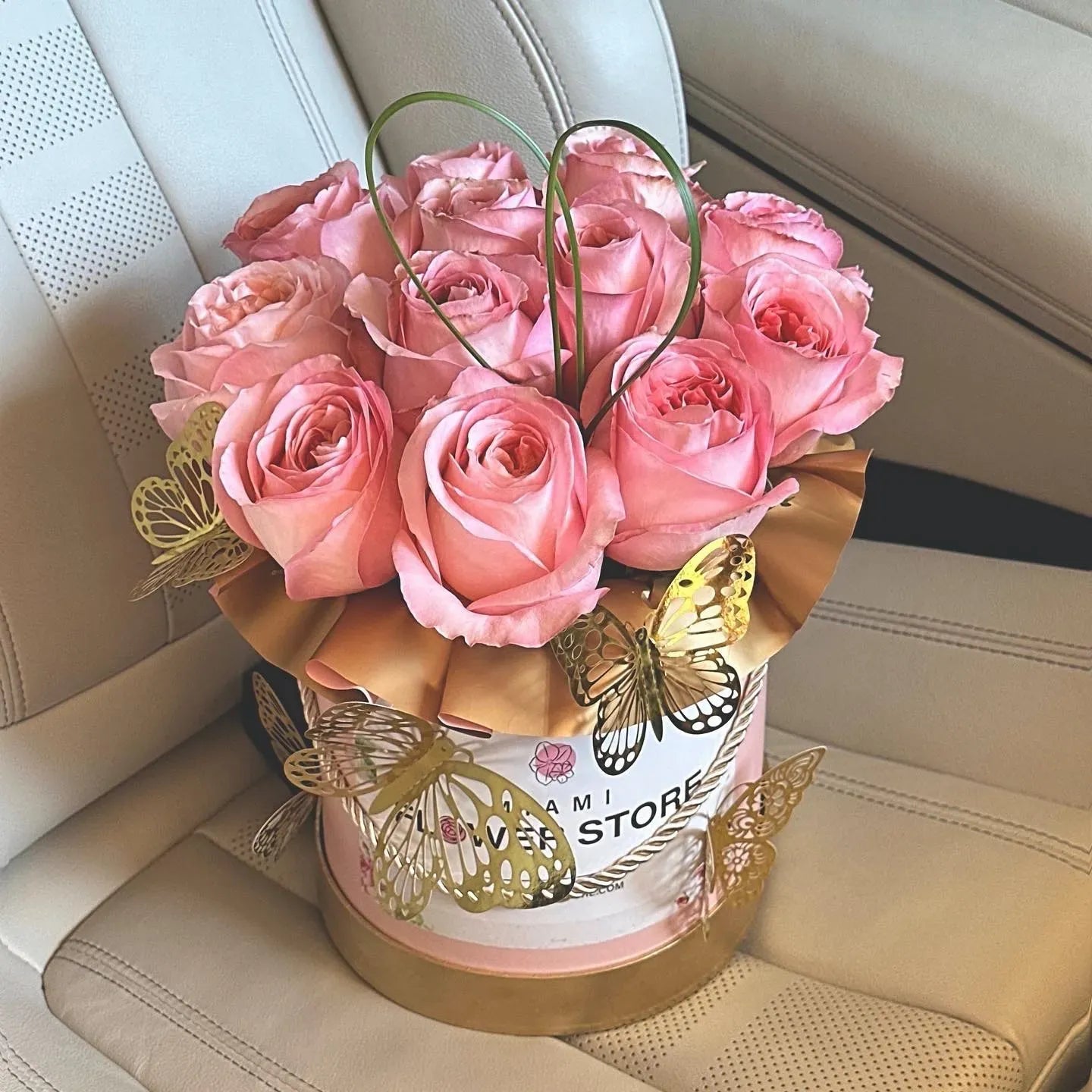Peach Roses With Golden Butterflies Flower Bouquet In A Box - Miami Flower Store Same-Day Delivery Fort Lauderdale Brickell Aventura Las Olas Hallendale Beach Hollywood Sunny Isles