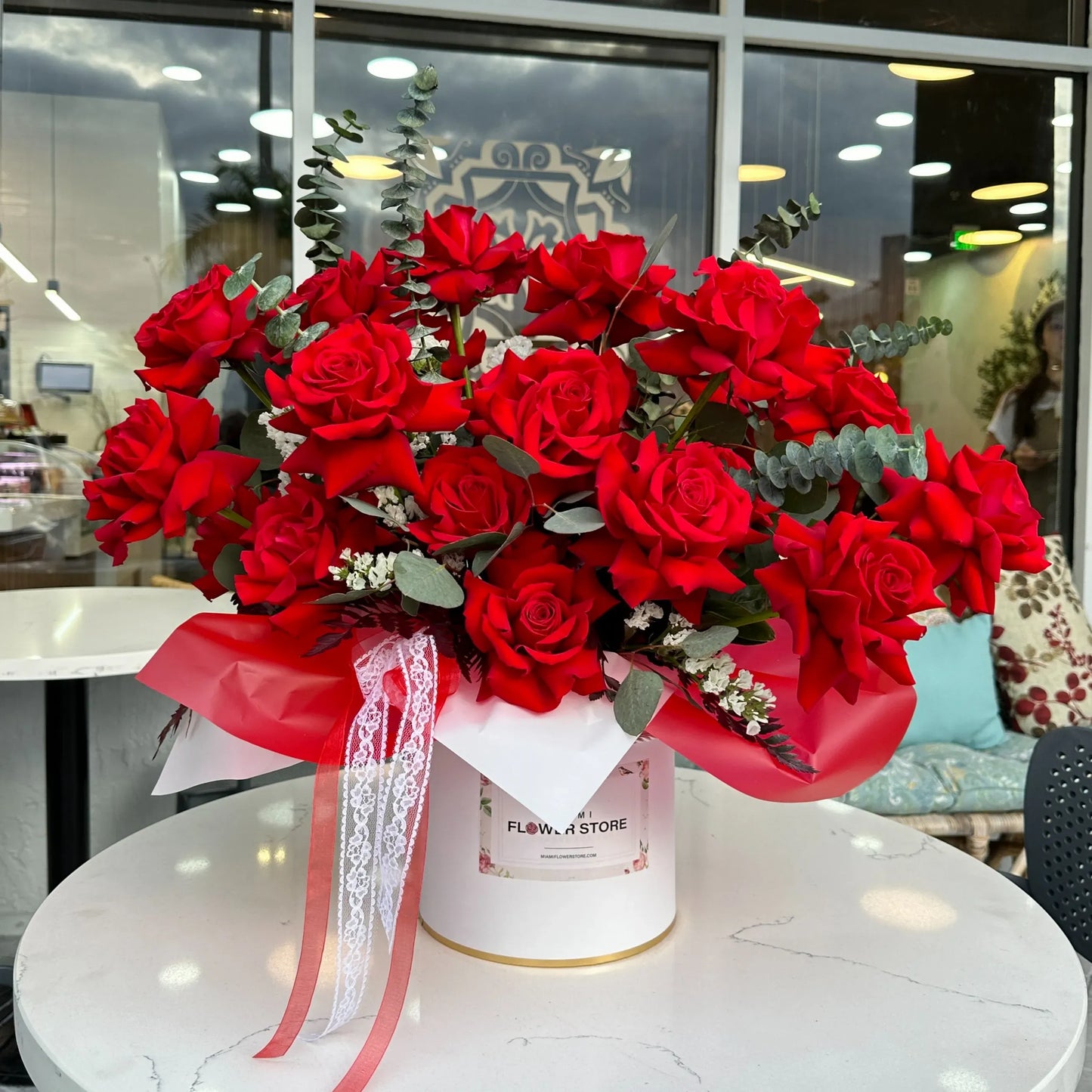 Red Roses & Eucalyptus Flower Bouquet In A White Box - Miami Flower Store Same-Day Delivery Fort Lauderdale Brickell Aventura Las Olas Hallendale Beach Hollywood Sunny Isles