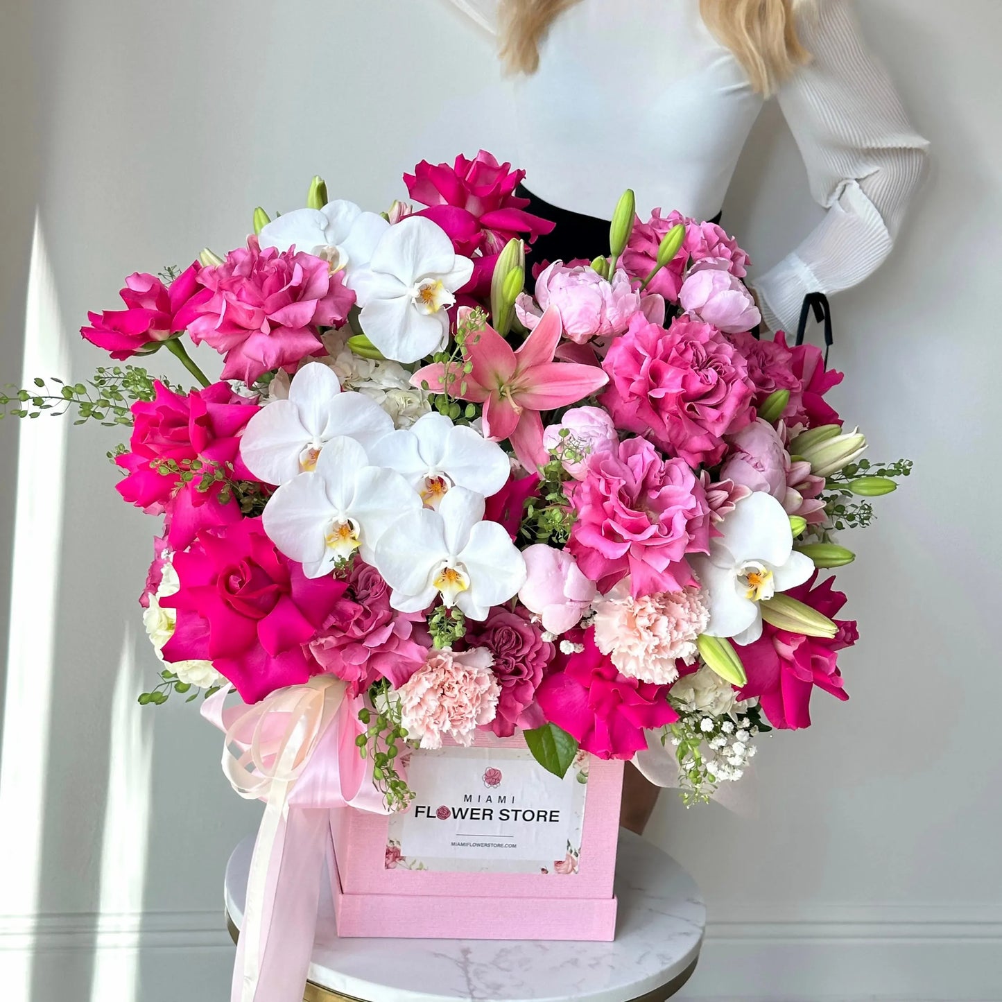Rose Flower Bouquet In A Box With Lillies, Orchids & Peonies - Miami Flower Store Same-Day Delivery Fort Lauderdale Brickell Aventura Las Olas Hallendale Beach Hollywood Sunny Isles