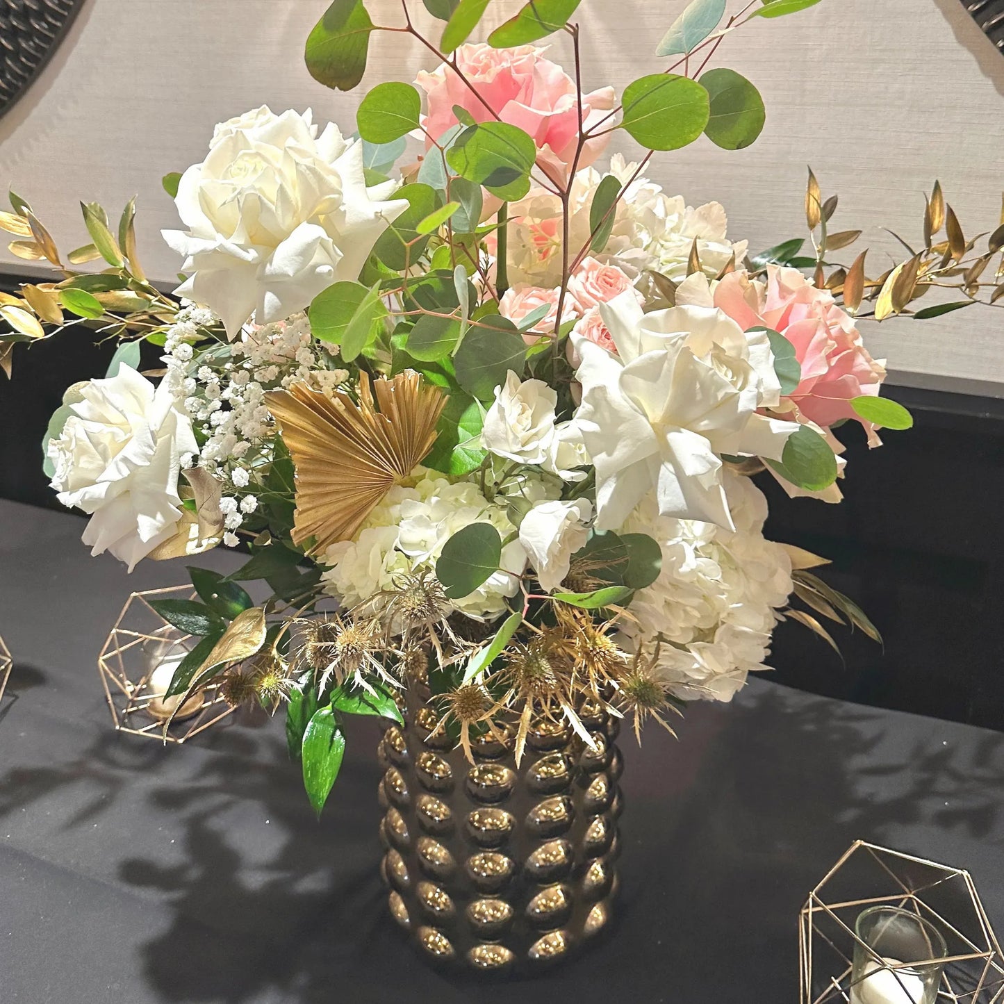 Mix Of Roses, Spray Roses, Hydrangea & Golden Leaves Flower Bouquet In A Vase - Miami Flower Store Same-Day Delivery Fort Lauderdale Brickell Aventura Las Olas Hallendale Beach Hollywood Sunny Isles