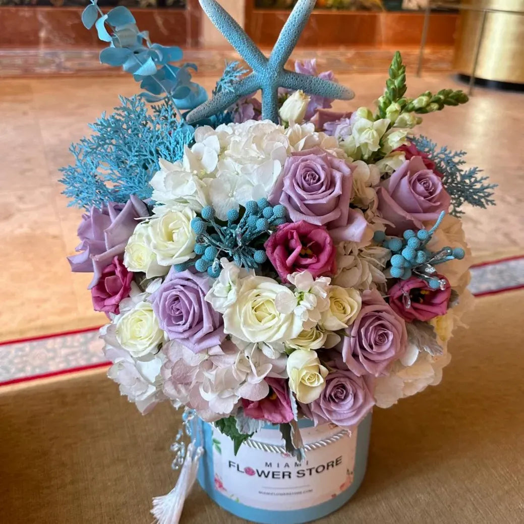 "Ocean & Shells" Rose, Hydrangea, & Stock Luxury Flower Bouquet In A Box - Miami Flower Store Same-Day Delivery Fort Lauderdale Brickell Aventura Las Olas Hallendale Beach Hollywood Sunny Isles