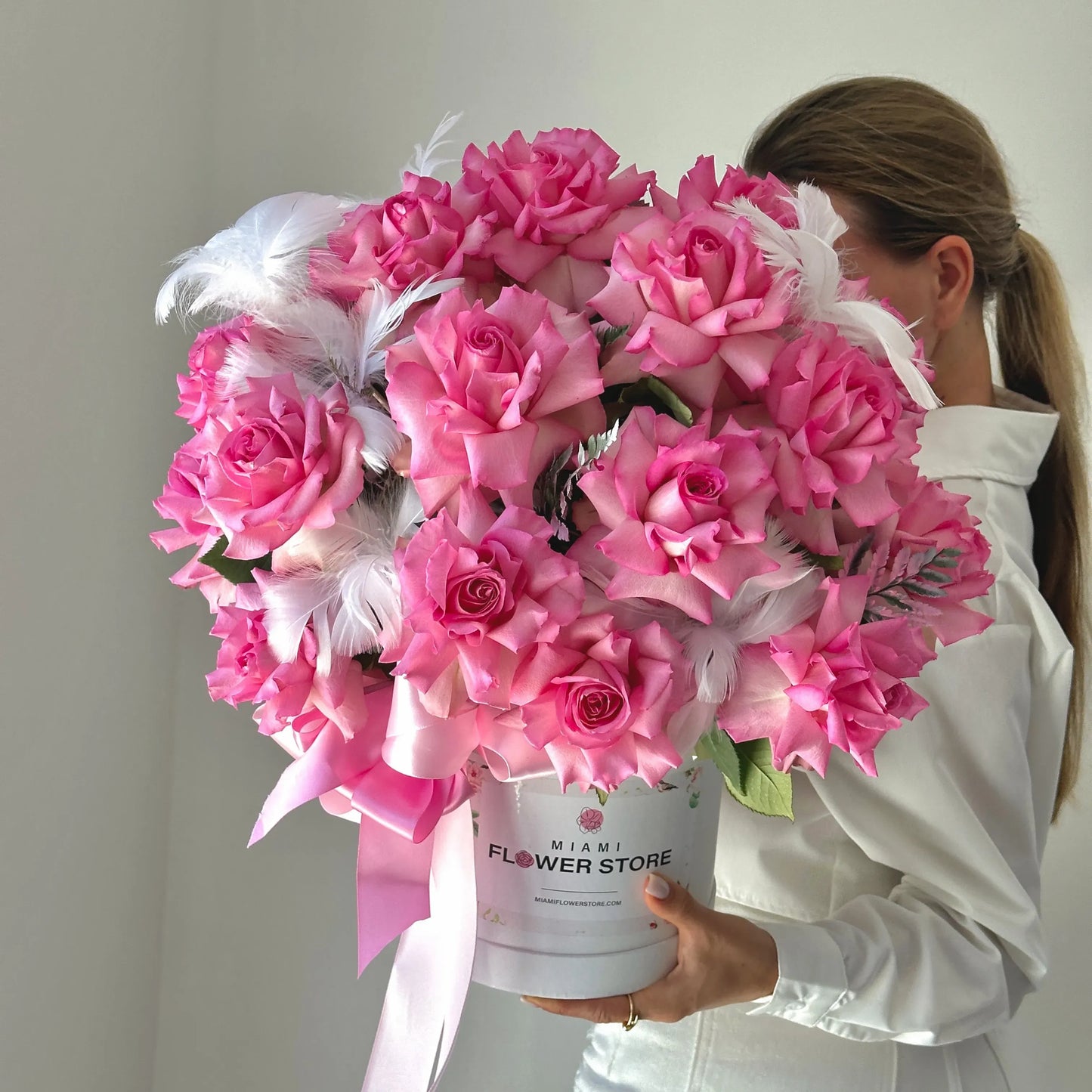 Hot Pink Rose Flower Bouquet In A Box - Miami Flower Store Same-Day Delivery Fort Lauderdale Brickell Aventura Las Olas Hallendale Beach Hollywood Sunny Isles