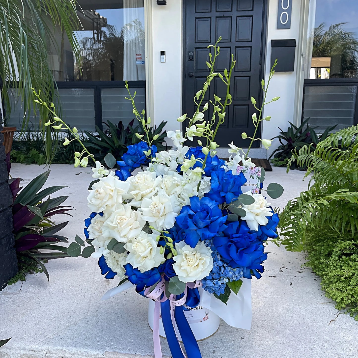 Blue & White Roses With Orchids Flower Bouquet In A Box - Miami Flower Store Same-Day Delivery Fort Lauderdale Brickell Aventura Las Olas Hallendale Beach Hollywood Sunny Isles