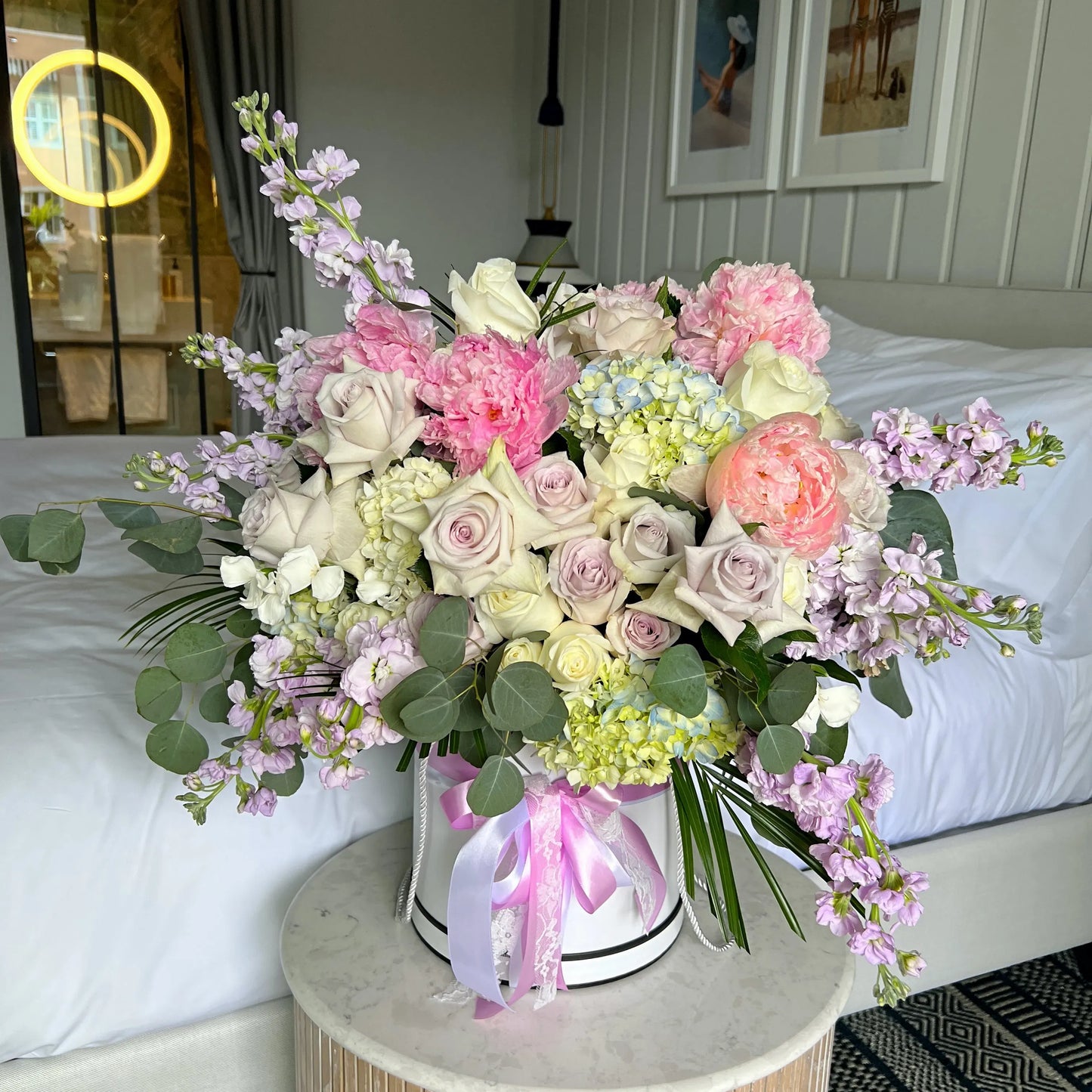 Peonies, Roses, Spray Roses, Stock Flower Bouquet In A Box - Miami Flower Store Same-Day Delivery Fort Lauderdale Brickell Aventura Las Olas Hallendale Beach Hollywood Sunny Isles