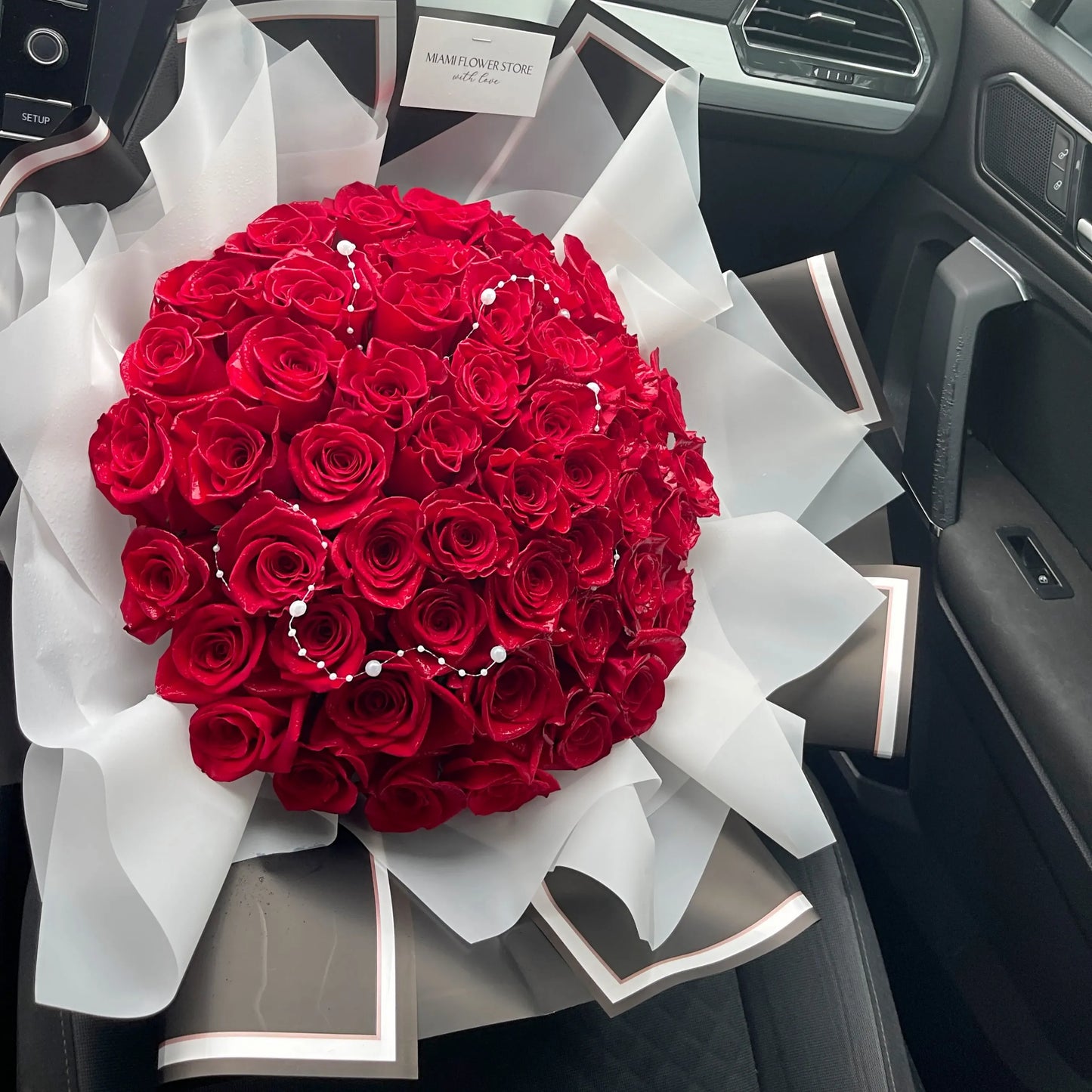 50 Classic Red Rose Flower Bouquet With Pearl Beads - Miami Flower Store Same-Day Delivery Fort Lauderdale Brickell Aventura Las Olas Hallendale Beach Hollywood Sunny Isles