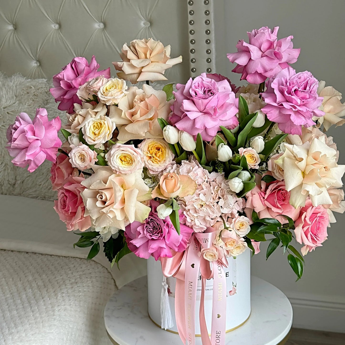 Pink & Cream Roses, Tulips & Greens Flower Bouquet In A Box - Miami Flower Store Same-Day Delivery Fort Lauderdale Brickell Aventura Las Olas Hallendale Beach Hollywood Sunny Isles