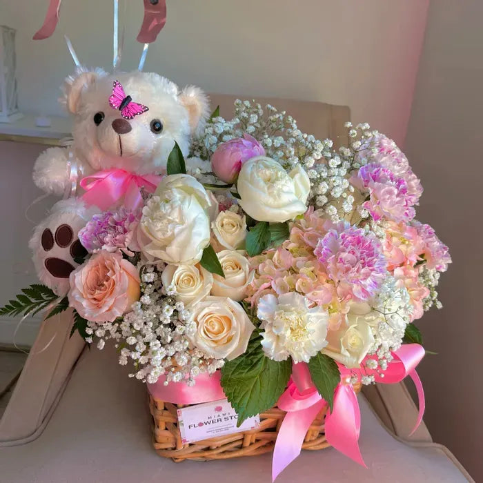 Peony Flower Bouquet In A Basket & Stuffed Teddy Bear - Miami Flower Store Same-Day Delivery Fort Lauderdale Brickell Aventura Las Olas Hallendale Beach Hollywood Sunny Isles