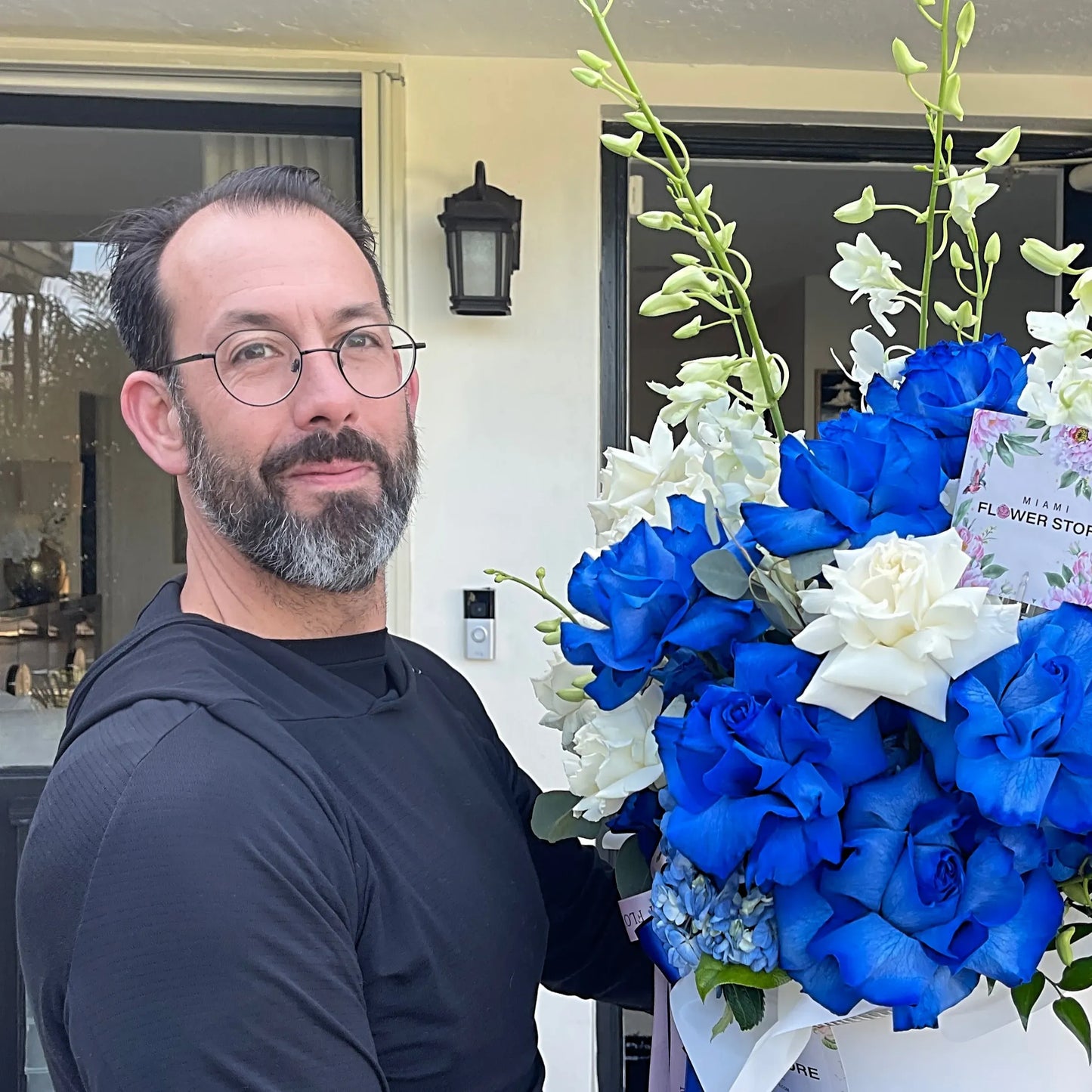Blue & White Roses With Orchids Flower Bouquet In A Box - Miami Flower Store Same-Day Delivery Fort Lauderdale Brickell Aventura Las Olas Hallendale Beach Hollywood Sunny Isles