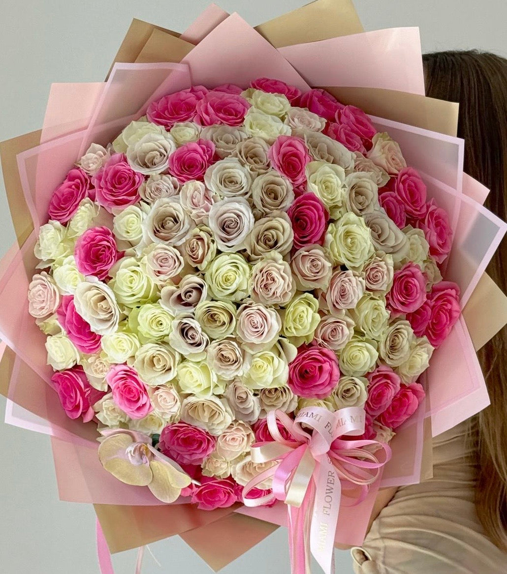 75 Rose Flower Bouquet Of Colored Mixed Roses - Miami Flower Store Same-Day Delivery Fort Lauderdale Brickell Aventura Las Olas Hallendale Beach Hollywood Sunny Isles