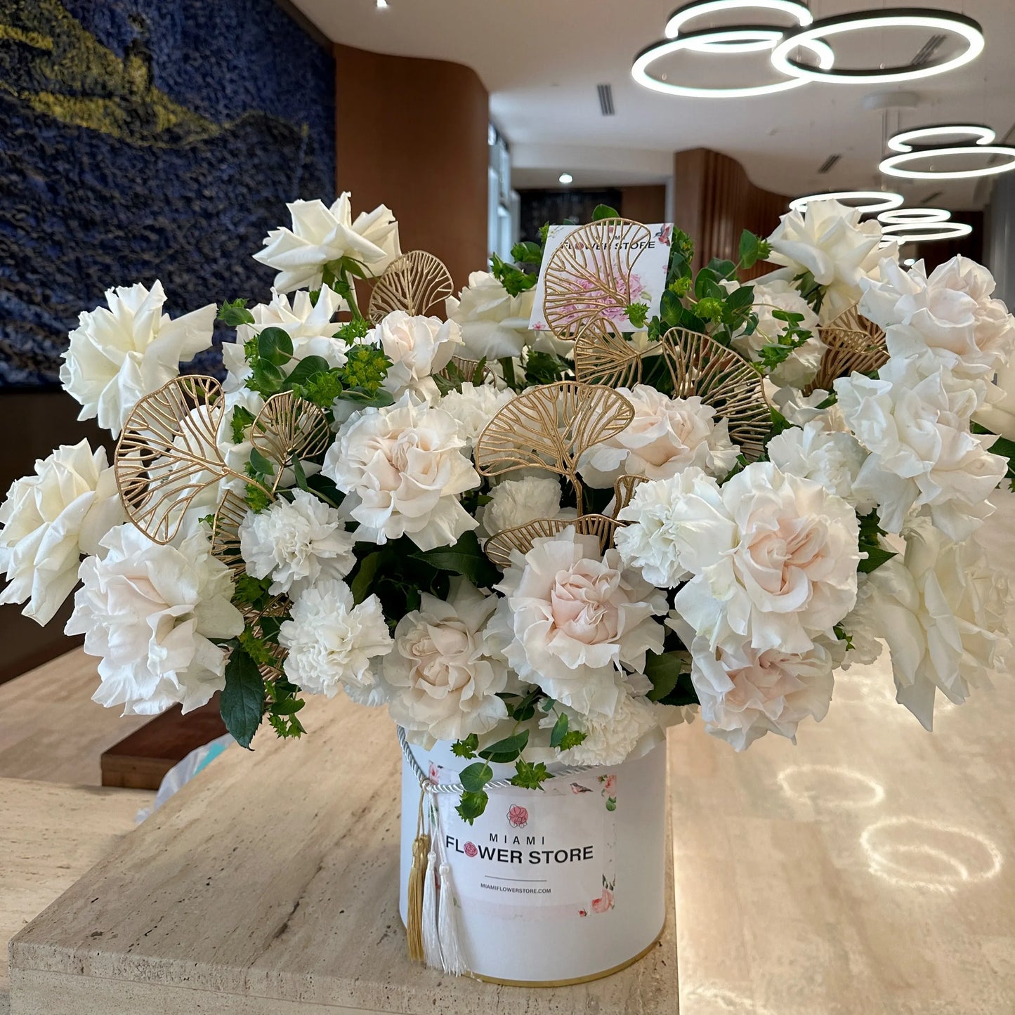 White French Roses & Golden Leaves Flower Bouquet In A Box - Miami Flower Store Same-Day Delivery Fort Lauderdale Brickell Aventura Las Olas Hallendale Beach Hollywood Sunny Isles